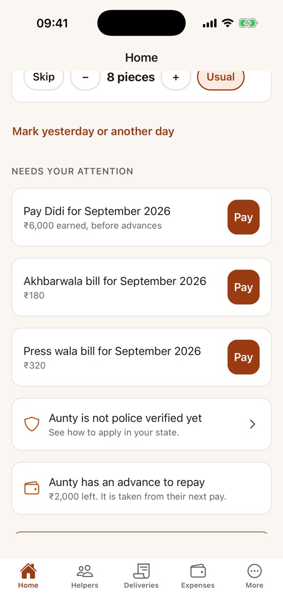 The Needs your attention list: pay Didi for September, two bills, a police verification reminder and an advance.