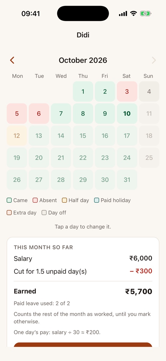 A helper's month: a calendar with absent and half days coloured, and the salary worked out below.