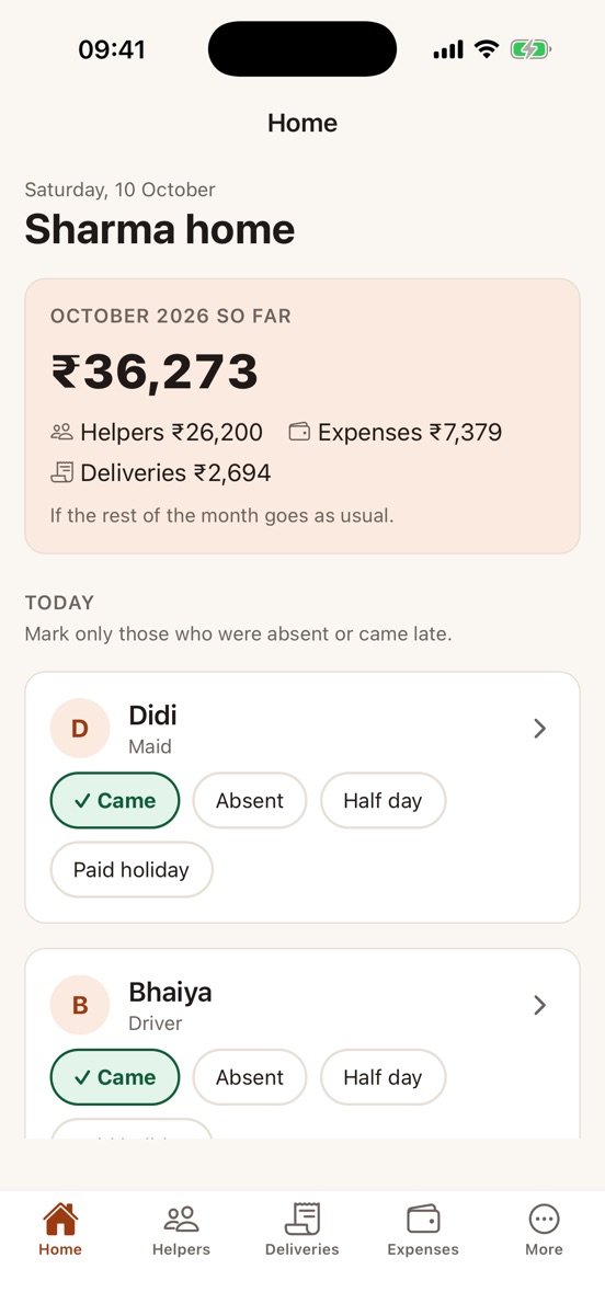 Home Ledger's Home screen: this month's total, and today's helpers with Came, Absent and Half day buttons.