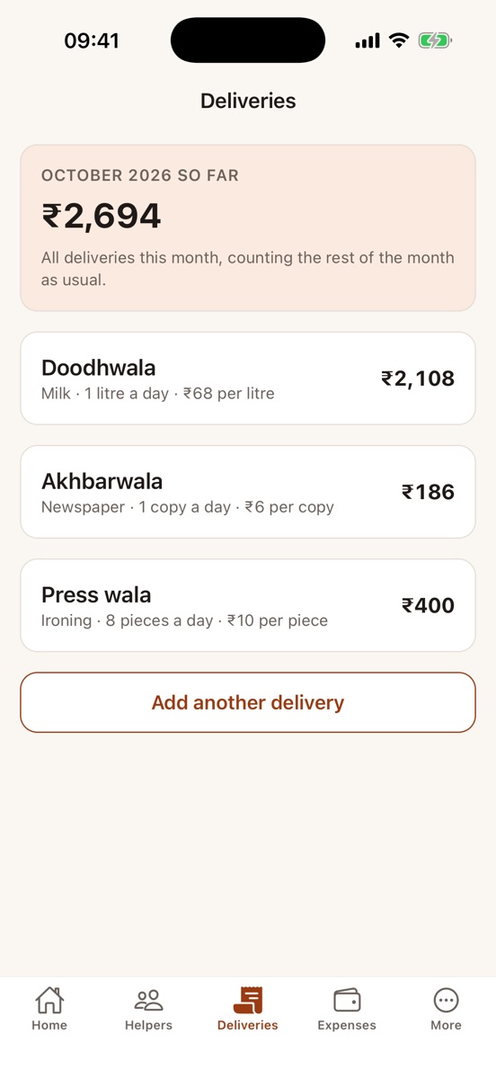 The deliveries screen: the milk, newspaper and ironing bills for the month so far.