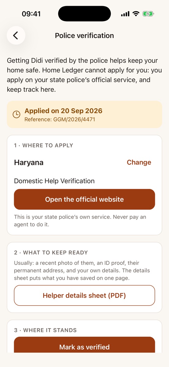 The police verification tracker: applied on 20 Sep with a reference number, the state's official website, and the details sheet.